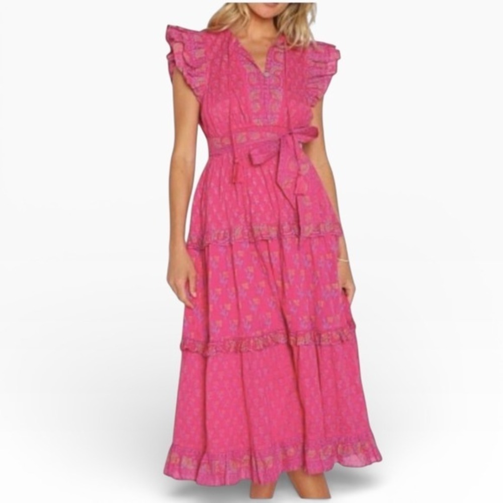 Cleobella Pink Tiered Midi Dress with Floral Print